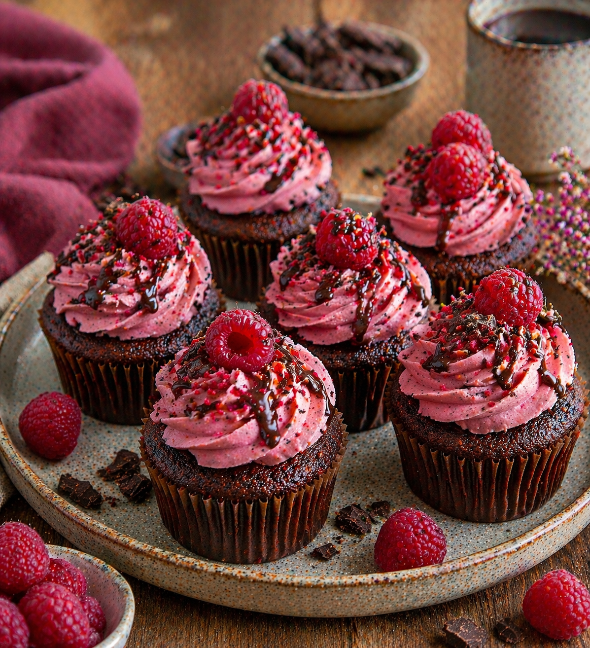 Schoko-Himbeer-Cupcakes mit dunklem Schokoteig, hohem rosa Himbeer-Frosting, Schoko-Drizzle und frischen Himbeeren