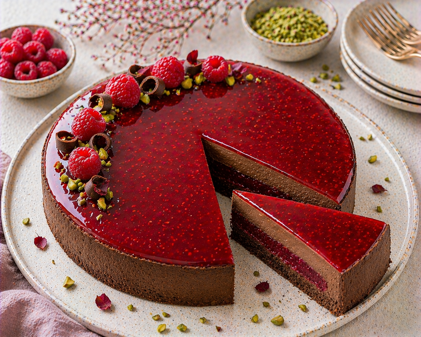 Schoko-Himbeer-Mousse-Torte mit dünnem gebackenem Schokoboden, Himbeerfüllung, Schoko-Mousse und glänzendem roten Himbeerspiegel