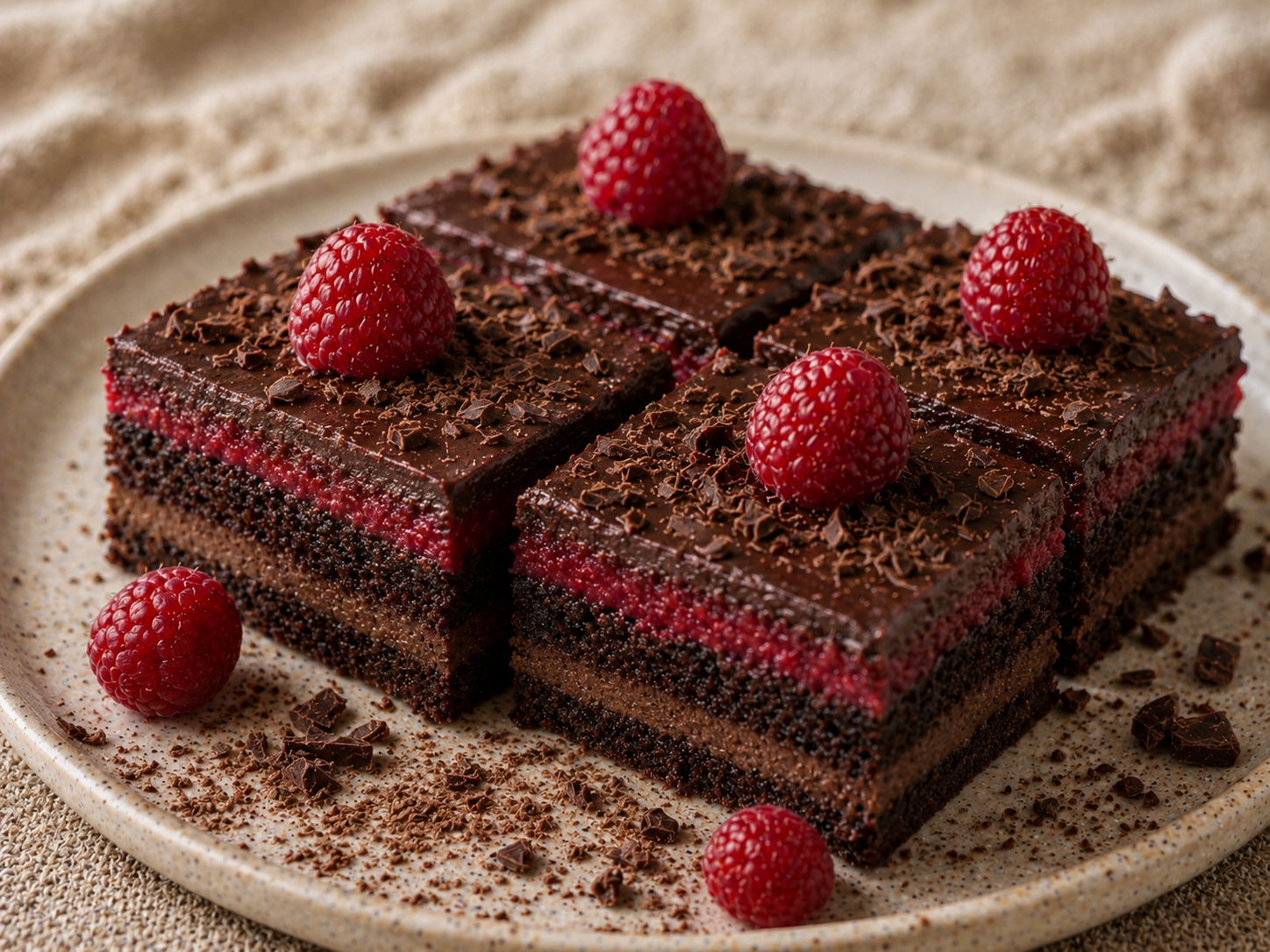 Schoko-Himbeer-Schnitten mit zwei dunklen Schokoböden, luftiger Schokocreme, roter Himbeerfüllung, Ganache und frischen Himbeeren