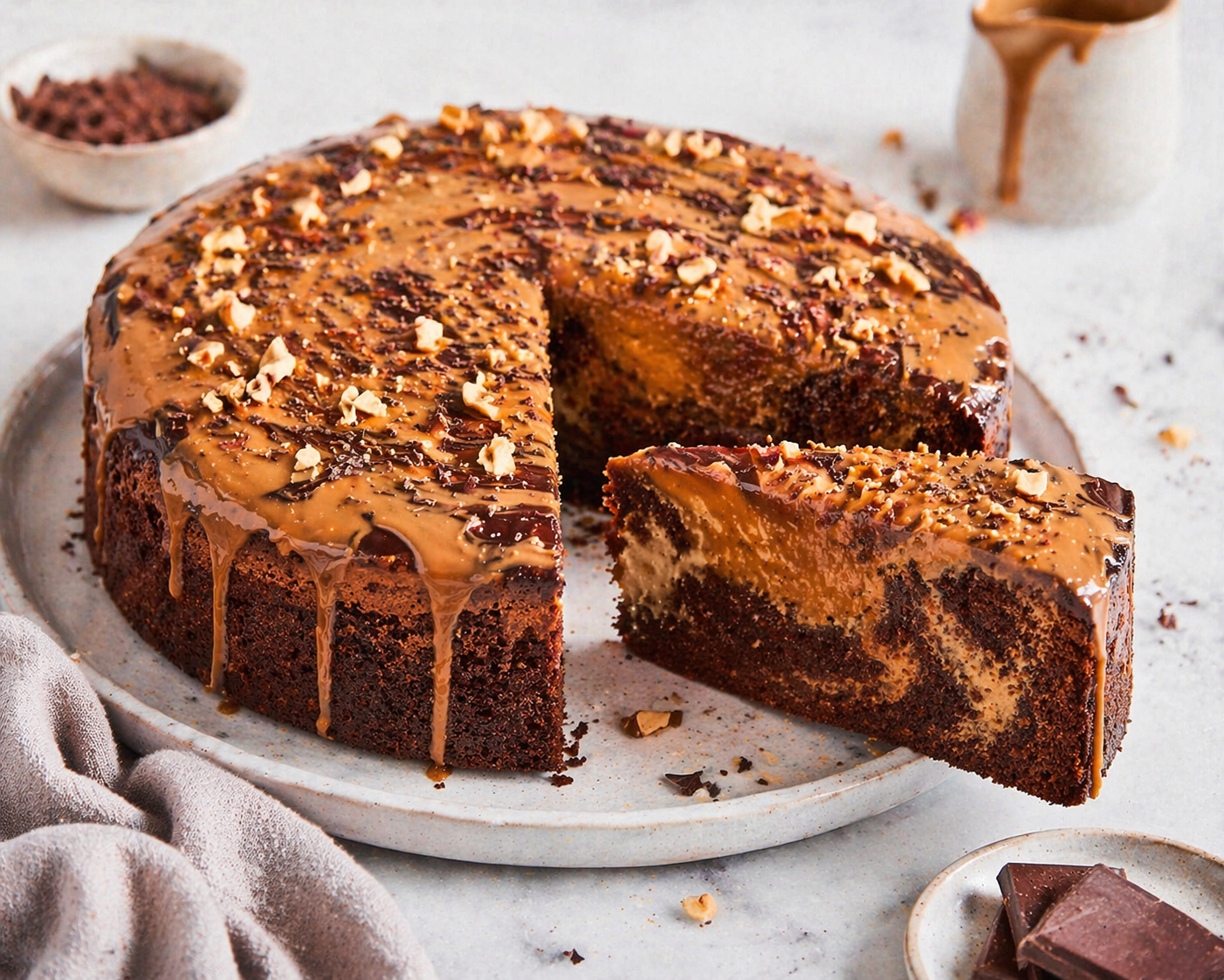 Schoko-Karamell-Kuchen mit karamelligem Cheesecake-Swirl, Dulce-de-Leche-Glasur, Schokoschlieren und gehackten Haselnüssen