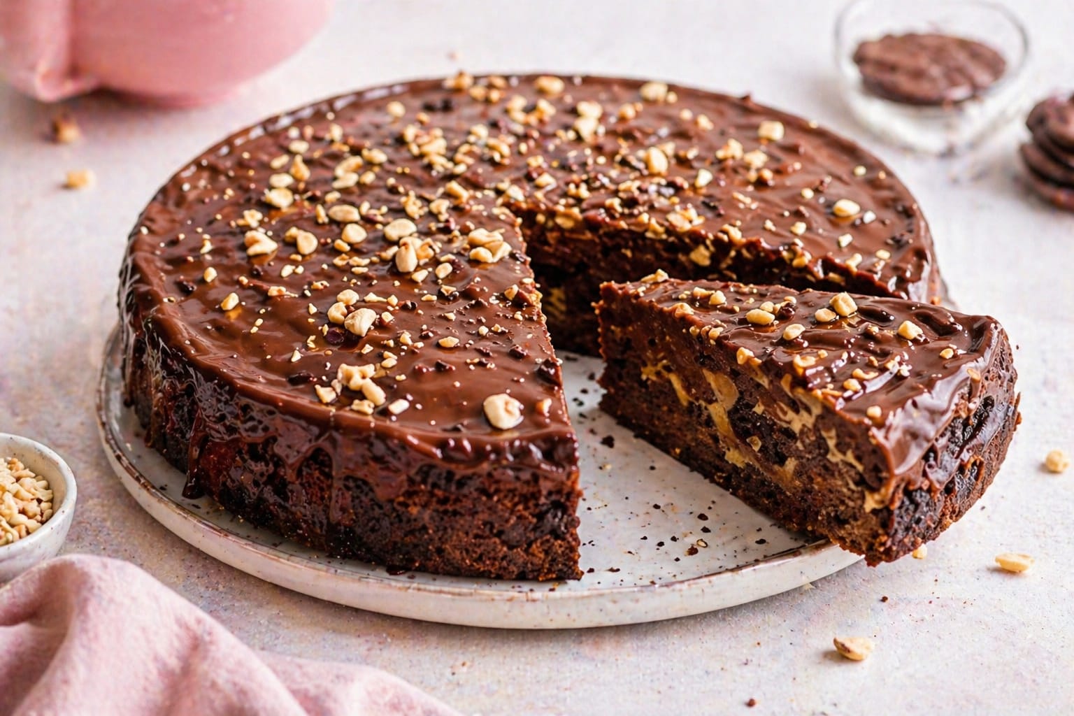 Schoko-Karamell-Kuchen mit goldbraun-beigen Karamellbereichen, glänzender Schokoglasur, gerösteten Erdnüssen und Kakao-Nibs