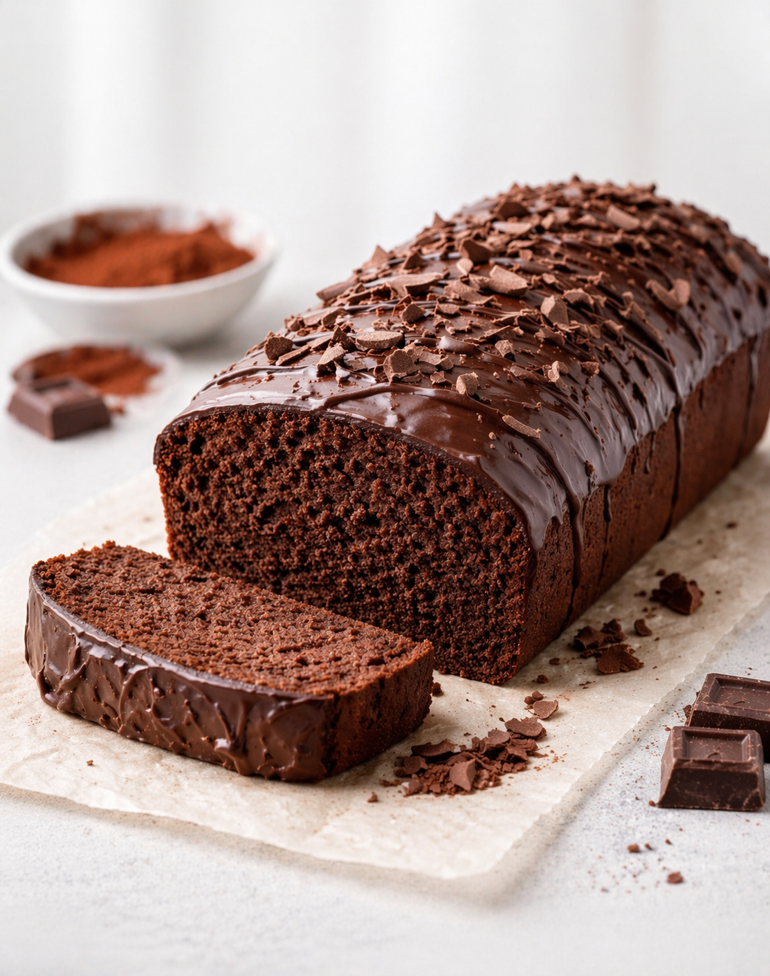 Schoko-Kastenkuchen mit glänzender Ganache, lockeren Schokospänen und dunkler saftiger Krume