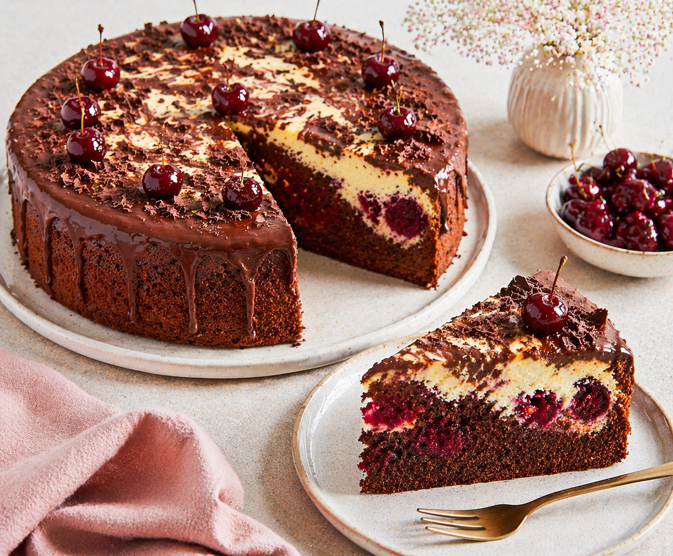 Schoko-Kirsch-Cheesecake-Kuchen mit dunklem Schokoboden und Außenring, heller Cheesecake-Schicht, Kirschen, Schoko-Ganache und Schokoraspeln