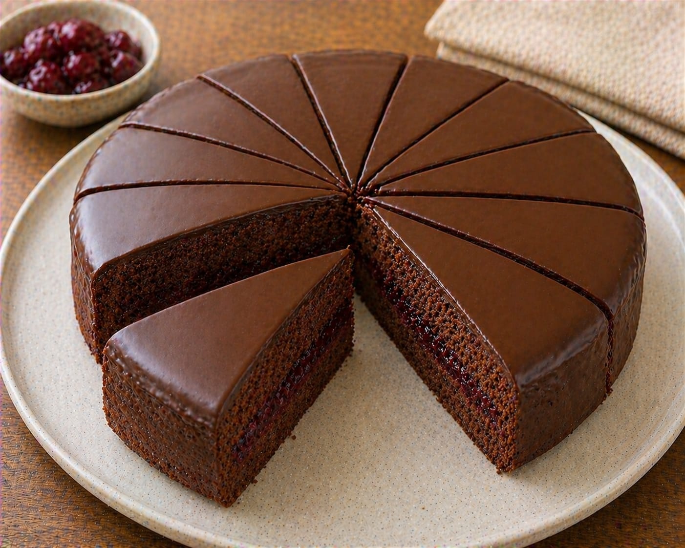 Schoko-Kirsch-Gusskuchen mit dunkler Schokokrume, schmaler Kirschschicht und glatter glänzender Schokoladenganache