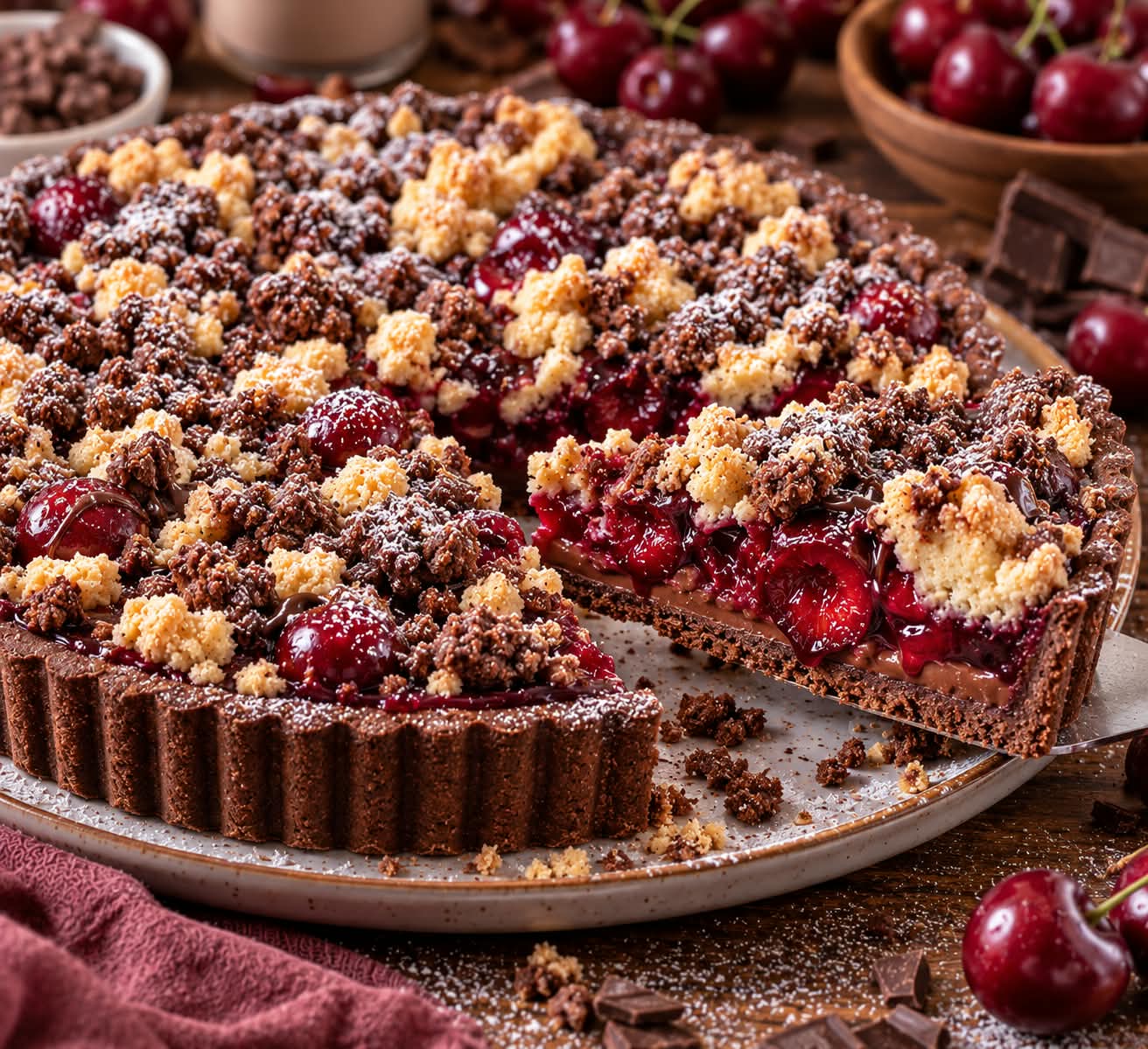 Kakao-Mürbeteigtarte mit glänzender roter Kirschfüllung, dünner cremiger Schokoladenganache und zweifarbigen Streuseln.