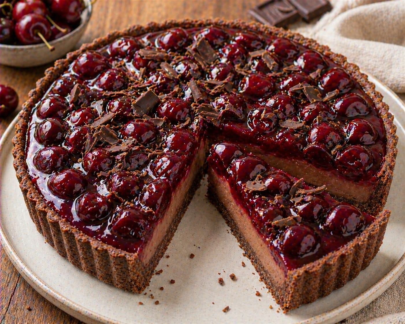Kirsch-Schoko-Tarte mit dunklem geriffeltem Mürbeteigboden, cremiger Schokoladenfüllung, glänzenden Kirschen und Schokoladenspänen