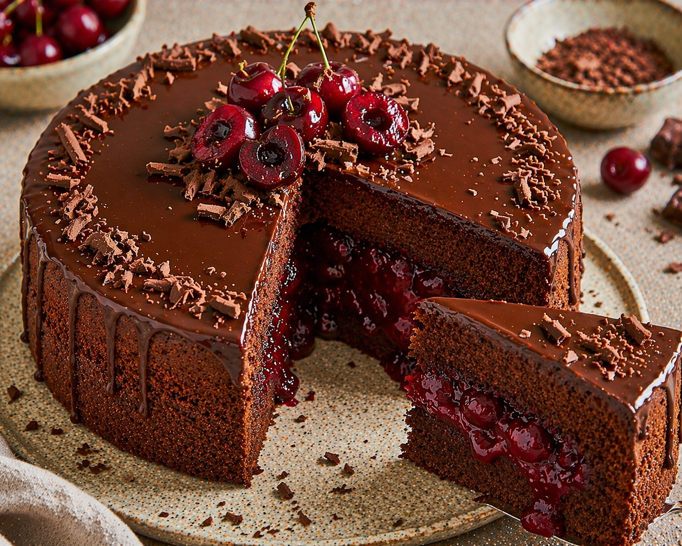 Schoko-Kirsch-Torte mit zwei Schokoböden, saftiger Kirschfüllung, dünner glänzender Ganache, Schokoladenspänen und frischen Kirschen