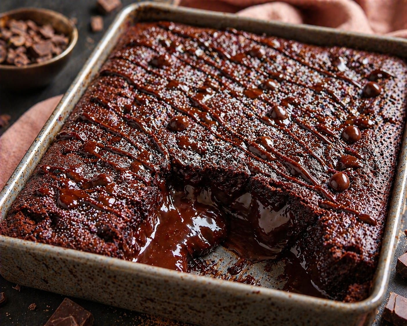 Dunkler Schoko-Lava-Brownie in einer rechteckigen Form mit fließender Schokoladenmitte und unregelmäßigem glänzendem Schokodrizzle