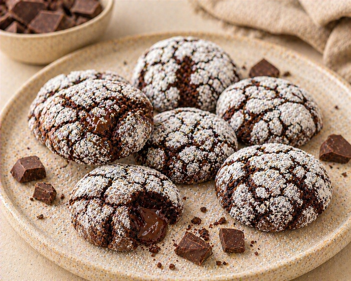 Dunkle Schoko-Lava-Crinkle-Cookies mit kräftiger heller Puderzuckerkruste, aufgerissener Oberfläche und weichem glänzendem Schokokern