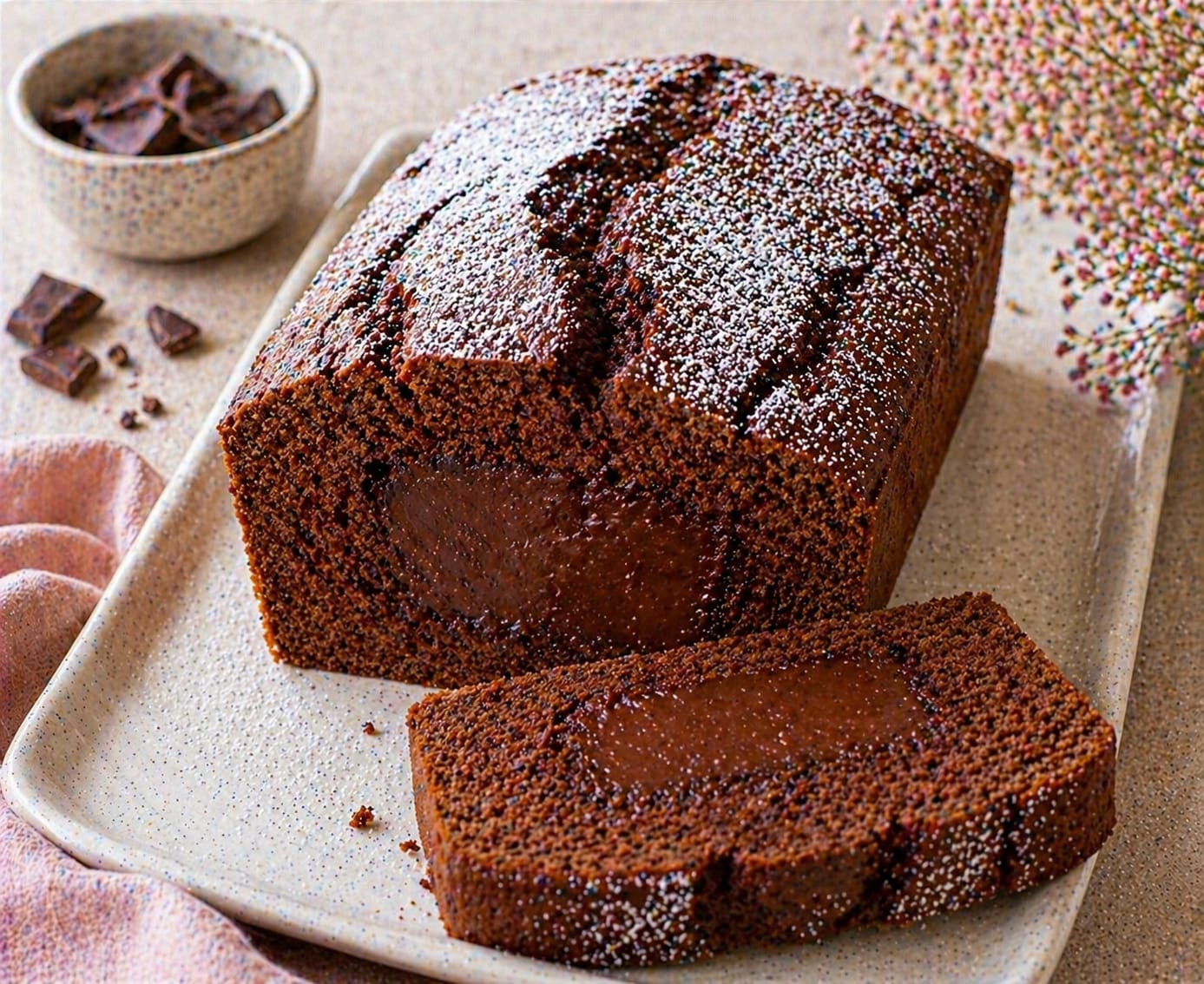 Dunkler Schoko-Lava-Kastenkuchen mit saftiger feinporiger Krume, großem cremigem Schokokern, rustikal aufgerissener Oberfläche und feinem Puderzucker