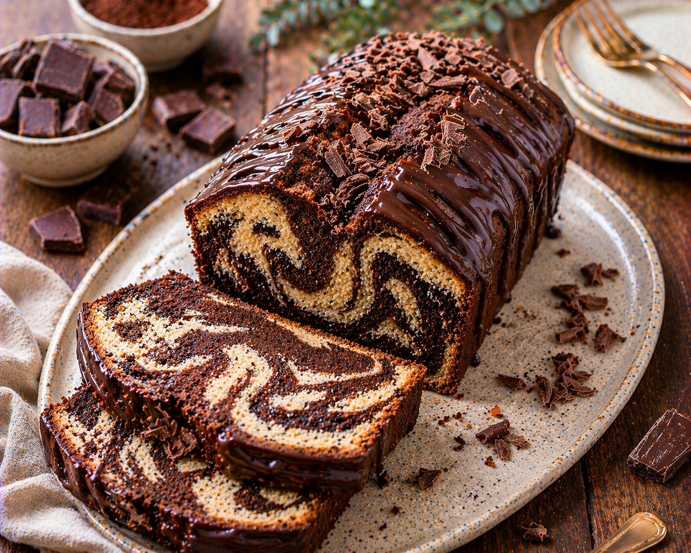 Saftiger Schoko-Marmorkuchen mit breiten hellen und dunklen Marmorwellen, fast geschlossenem glänzendem Schokoüberzug, kräftigen Schokoladenbahnen und groben Schokospänen