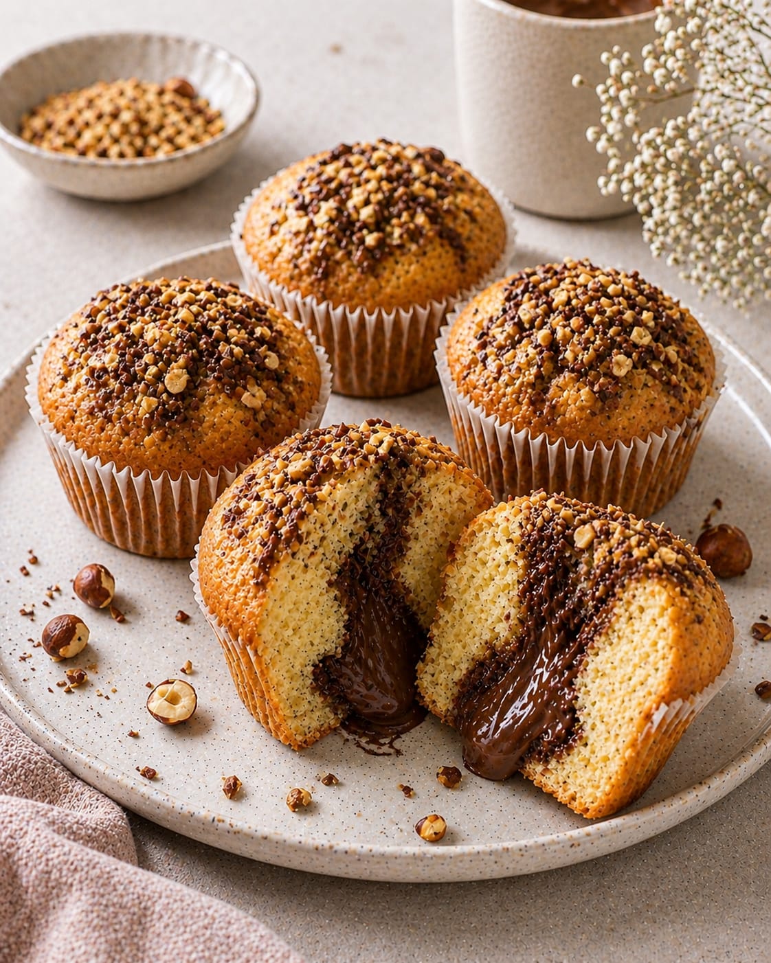 Goldbraune Schoko-Nougat-Muffins mit fein gehackten Haselnüssen, Schokodrizzle und sichtbar herauslaufendem Nougatkern