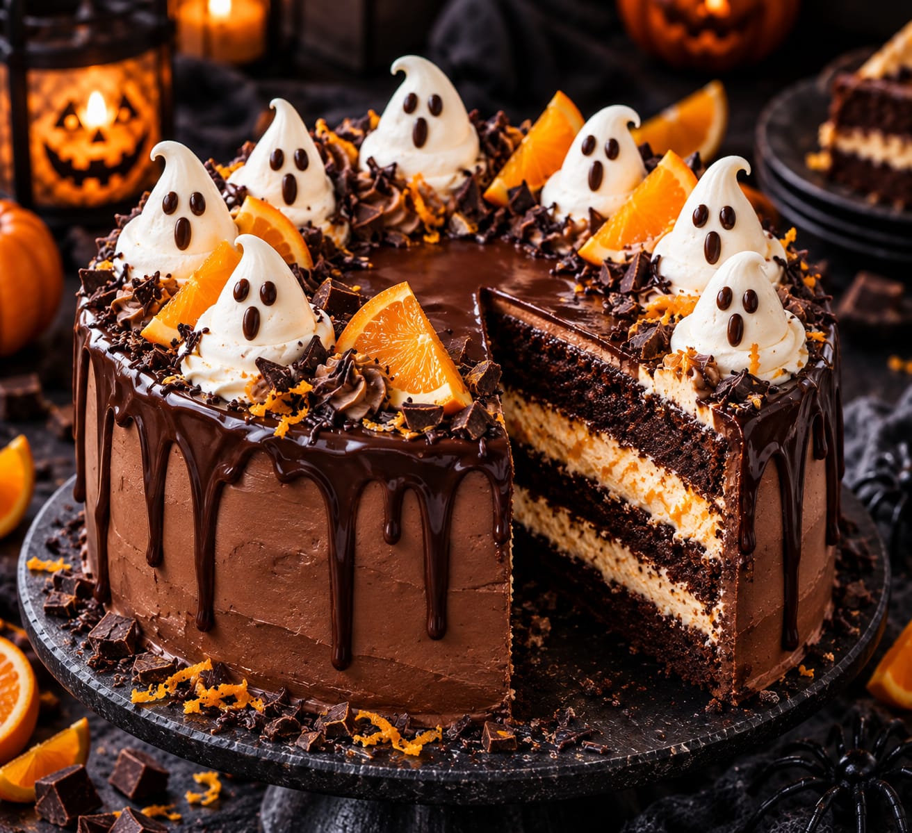 Hohe Schoko-Orangen-Geistertorte mit drei dunklen Schokoböden, zwei hellen Orangencremeschichten, glatter Schoko-Buttercreme, glänzendem Ganache-Drip, sieben weißen Geistern, Orangenstücken und Schokosplittern