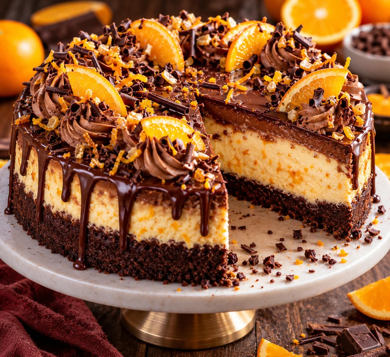 Hoher Orangen-Käsekuchen auf dunklem Schokoboden mit einer cremigen Schokoladenschicht, glänzender Zartbitter-Ganache, unterschiedlich langen Schokodrips, Schoko-Rosetten, frischen Orangenspalten und Schokoladenlocken.