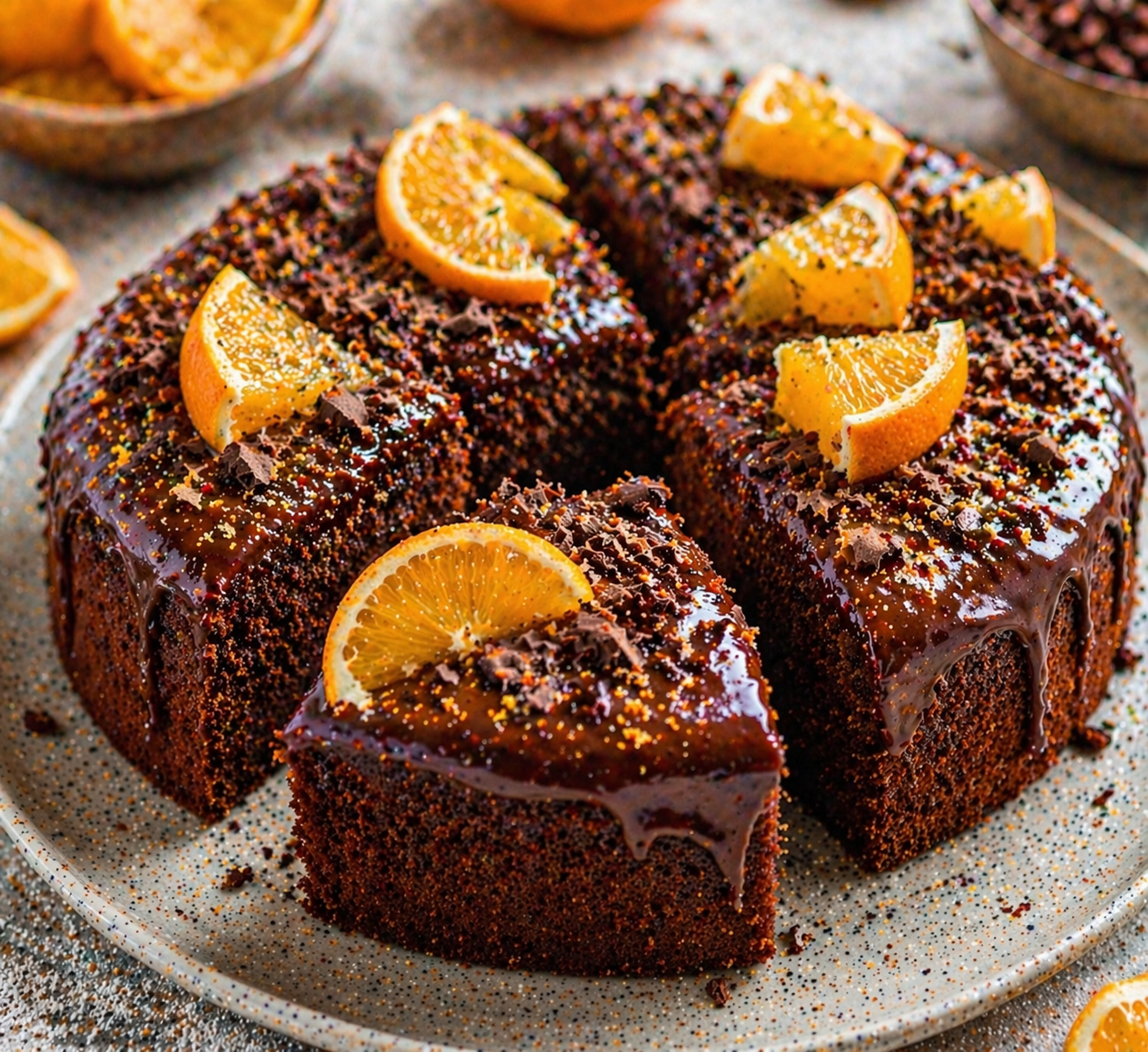 Vollständig in Stücke geschnittener runder Schoko-Orangen-Kuchen mit glänzender Schokoganache, Orangenstücken, Orangenabrieb und Schokoraspeln