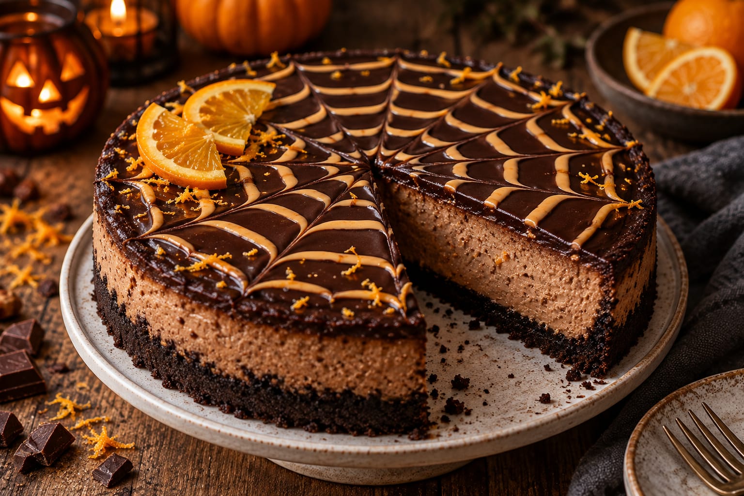 Schoko-Orangen-Spinnennetz-Cheesecake mit dünnem dunklem Brownieboden, hoher Schoko-Orangen-Füllung, dunkler Ganache, hellem Spinnennetz und Orangenscheiben