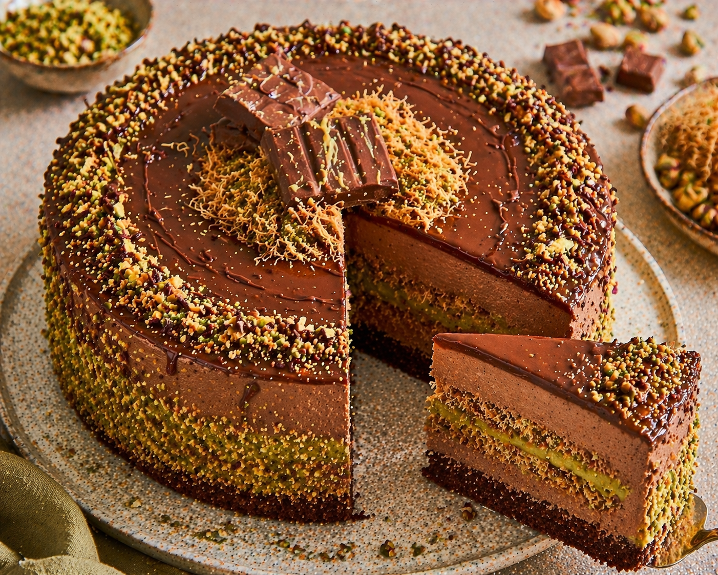 Hohe Schoko-Pistazien-Torte mit dünnem dunklem Schokoboden, zwei Schoko-Creme-Schichten mit deutlich höherer oberer Schicht, grüner Pistazienfüllung, Kadayif-Crunch, Schokoglasur, Pistazien und Schokostücken