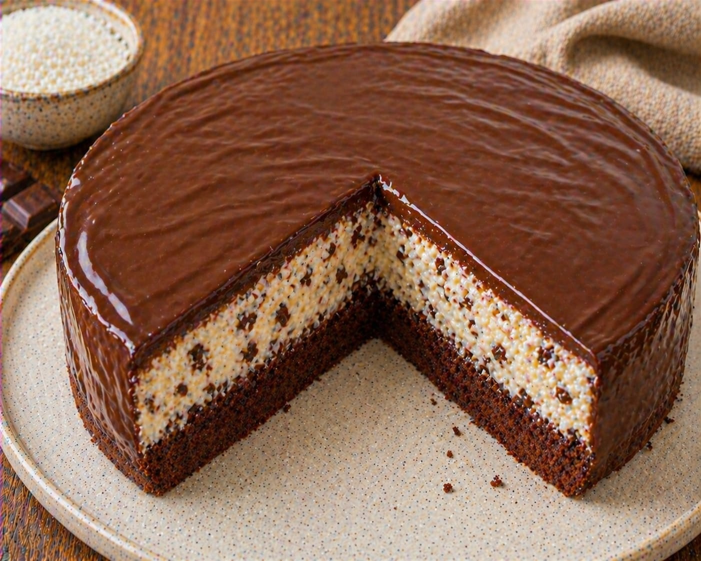 Schoko-Reiskuchen mit dunklem Schokoboden, heller Puffreis-Schoko-Schicht mit sichtbaren Schokostückchen und glänzendem Schokoladenguss auf Oberfläche und Seiten