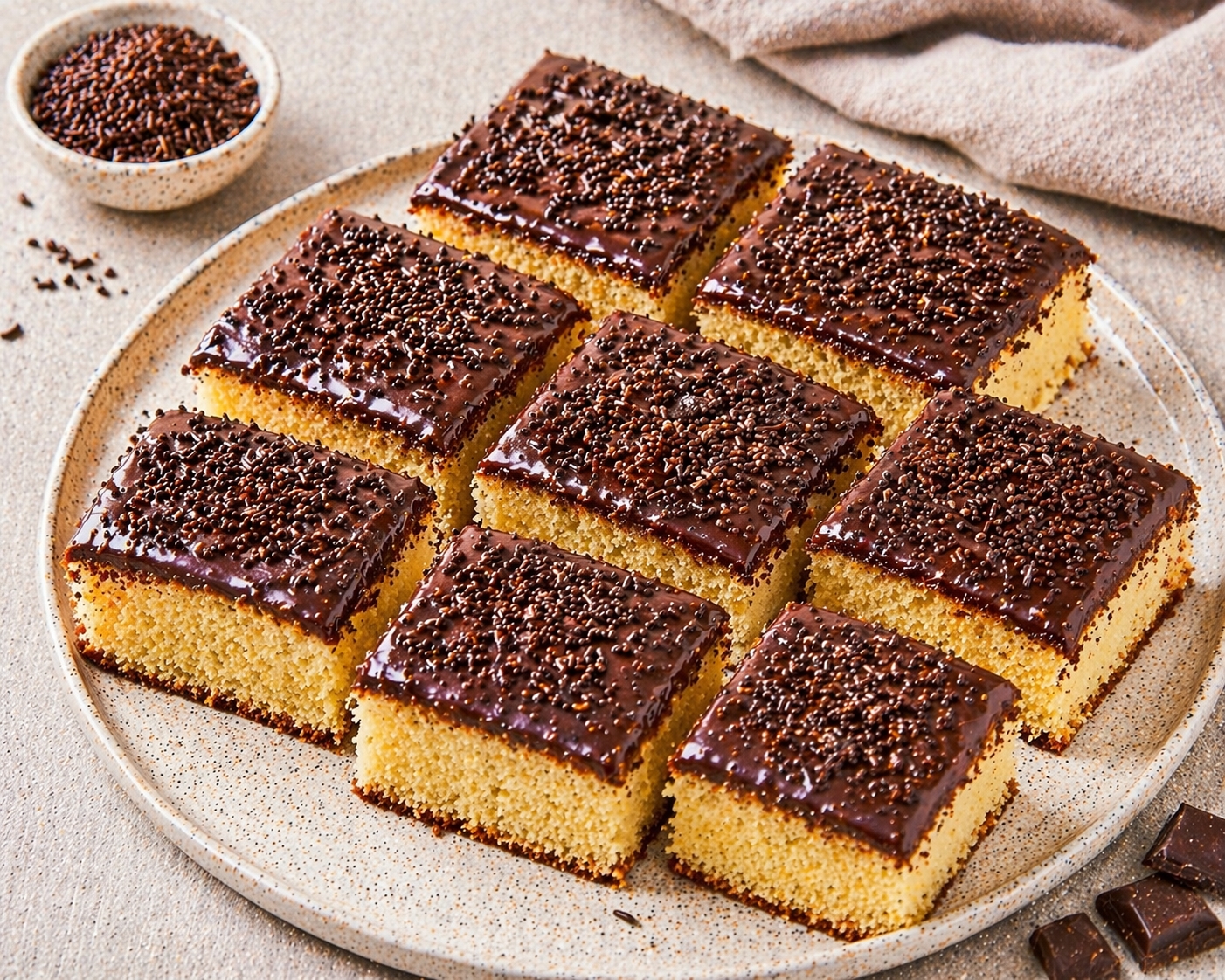 Saftige Schokostreusel-Schnitten mit hellem Rührteig, glänzender Schokoglasur und vielen Schokostreuseln