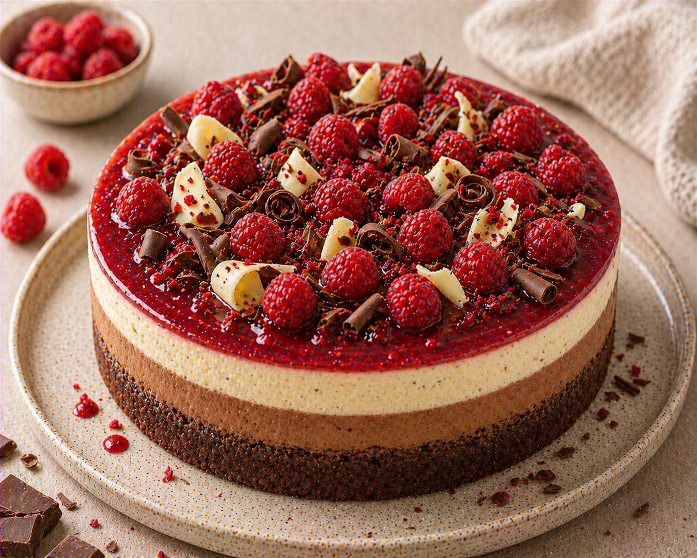 Schoko-Vanille Himbeer Cheesecake mit Schoko-Keksboden, Schoko-Schicht, Vanille-Schicht, Himbeerspiegel, Himbeeren und Schokospänen