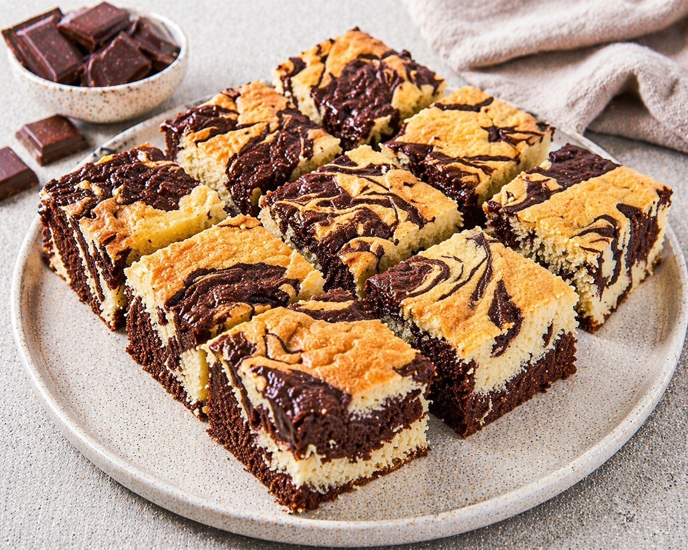 Schoko-Vanille-Marmorschnitten mit hellem Vanilleteig, dunklem Schokoteig und rustikal marmorierter Oberfläche