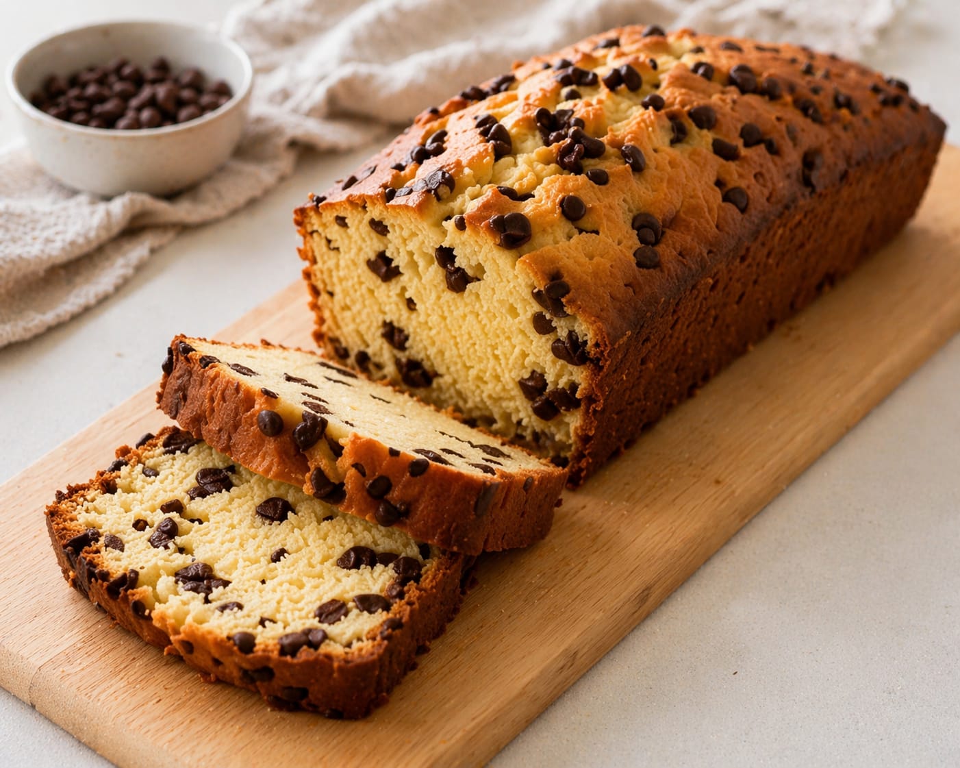 Saftiger Schokotropfenkuchen aus der Kastenform mit goldbrauner Oberfläche und vielen Schokotropfen