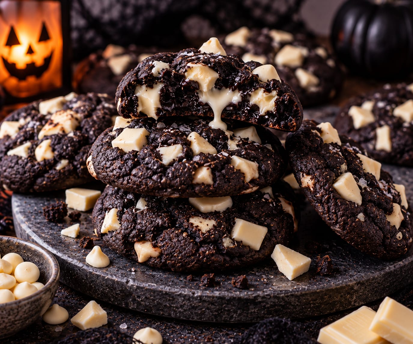 Sehr dunkle Kakao-Cookies mit großen Stücken weißer Schokolade und weicher Schokoladenmitte