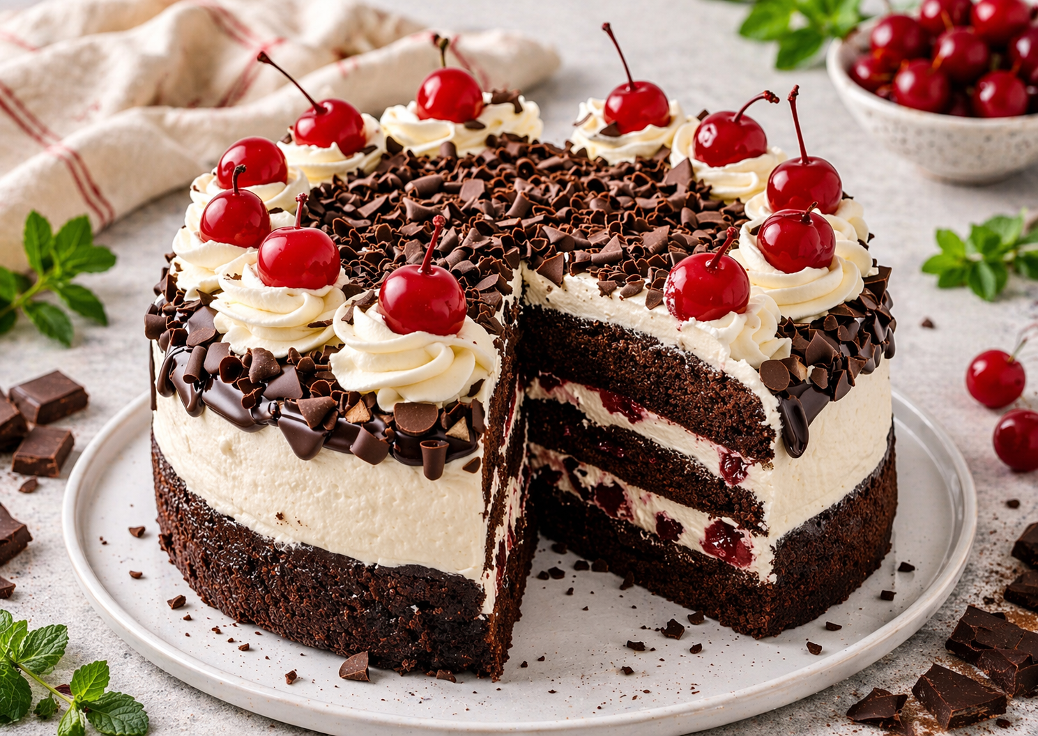 Schwarzwälder Kirschtorte mit drei dunklen Schokoböden, dicken Sahneschichten mit Kirschen, heller Sahnehülle, feinem Schokoladenrand, Schokodrip, Schokolocken, Sahnerosetten und roten Kirschen