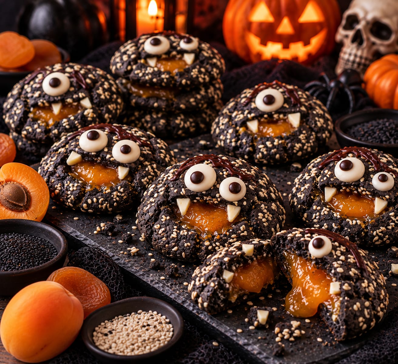 Schwarze Sesam-Monster-Cookies mit orangefarbenem Aprikosenkern, weißen Schokoladenaugen und Fangzähnen