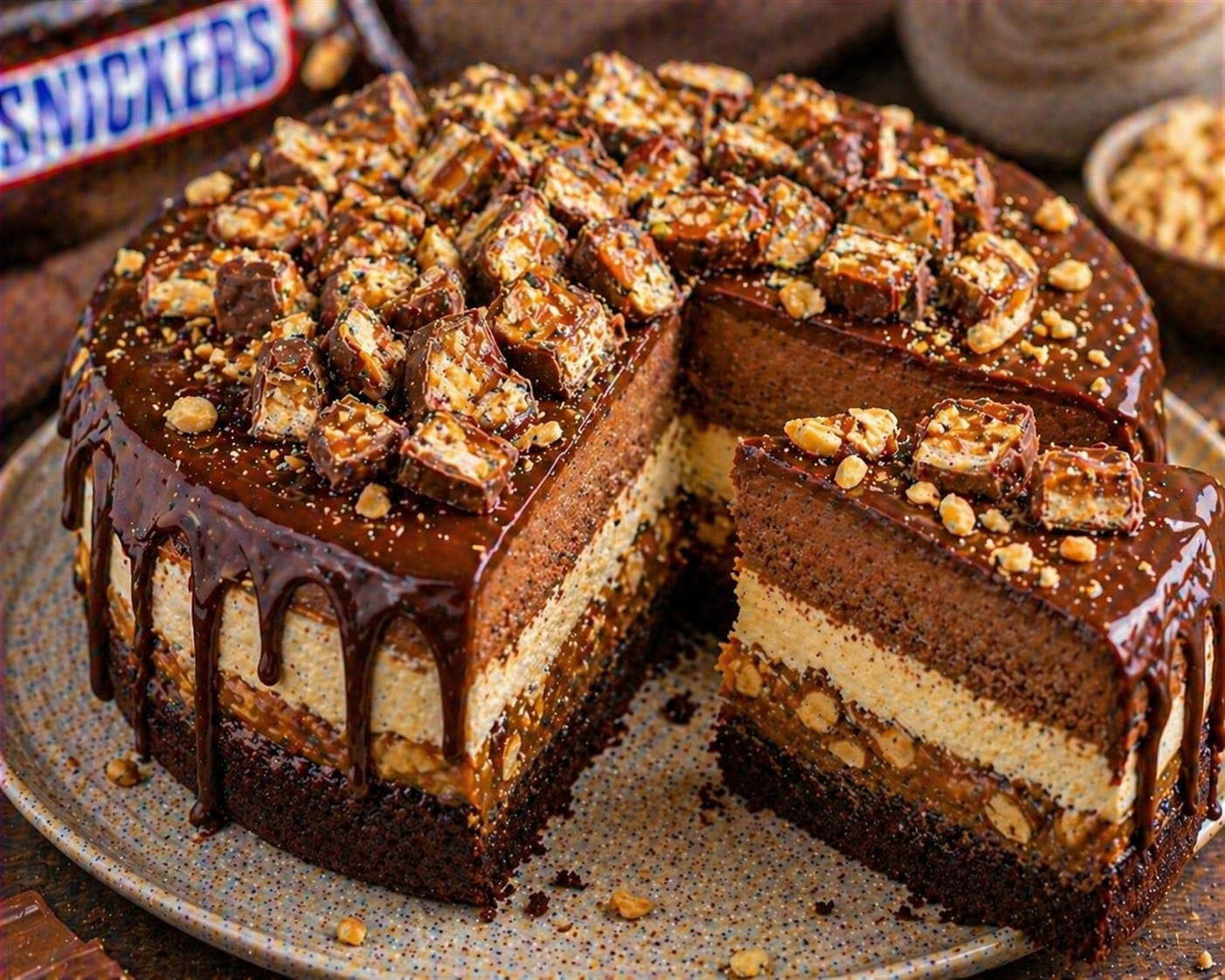 Snickers-Schoko-Cremetorte Deluxe mit dunklem Schokoboden, Karamell-Erdnuss-Snickers-Schicht, heller gesprenkelter Erdnuss-Frischkäsecreme, höherer Schoko-Mousse, dunklem Ganache-Drip und üppigem Snickers-Topping