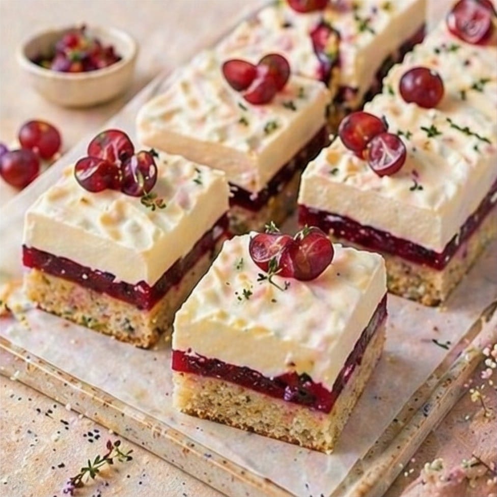 Trauben-Frischkäse-Schnitten mit niedrigem hellem Boden, feinen grünen Kräuterpunkten, roter Traubenschicht, hoher heller Frischkäsecreme und halbierten roten Trauben