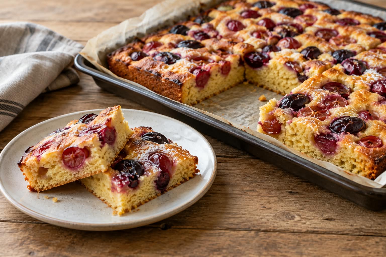 Goldene Trauben-Polenta-Schnitten mit roten und dunklen gebackenen Weintrauben und leichter Puderzuckerbestäubung