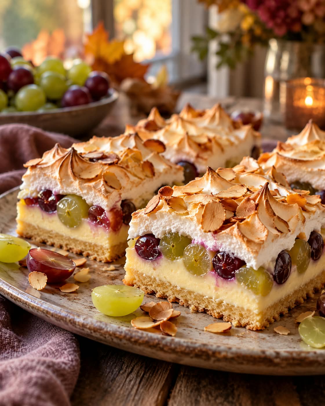 Trauben-Vanille-Schnitten mit mürbem Butterboden, dicker Vanillecreme, roten und grünen Trauben und einer goldbraunen Mandel-Baiserhaube.