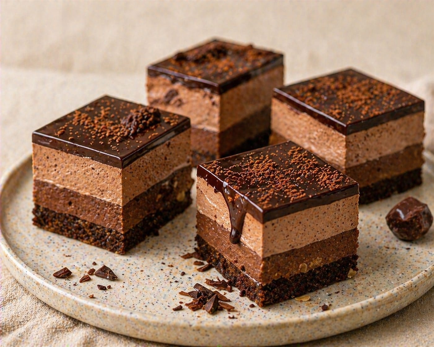 Triple Schoko Mousse Schnitten mit dunklem Nuss-Schokoboden, dunklerer Cremeschicht, einer etwas höheren hellen Schoko-Mousse, glänzender Ganache und fein geriebener Schokolade