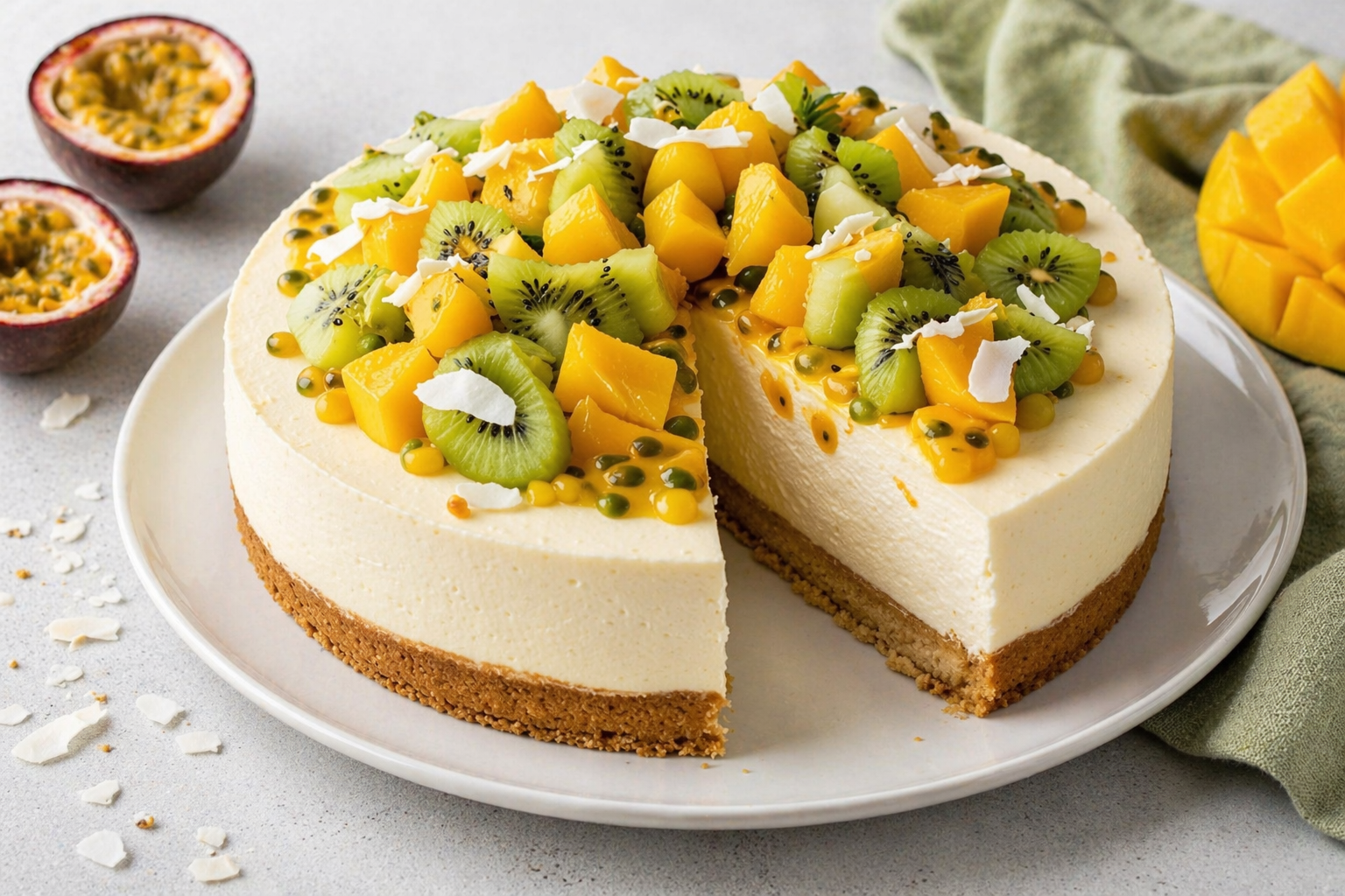 Tropischer Cheesecake mit goldbraunem Boden, hoher heller Creme, Mango, Kiwi, Maracuja und Kokoschips