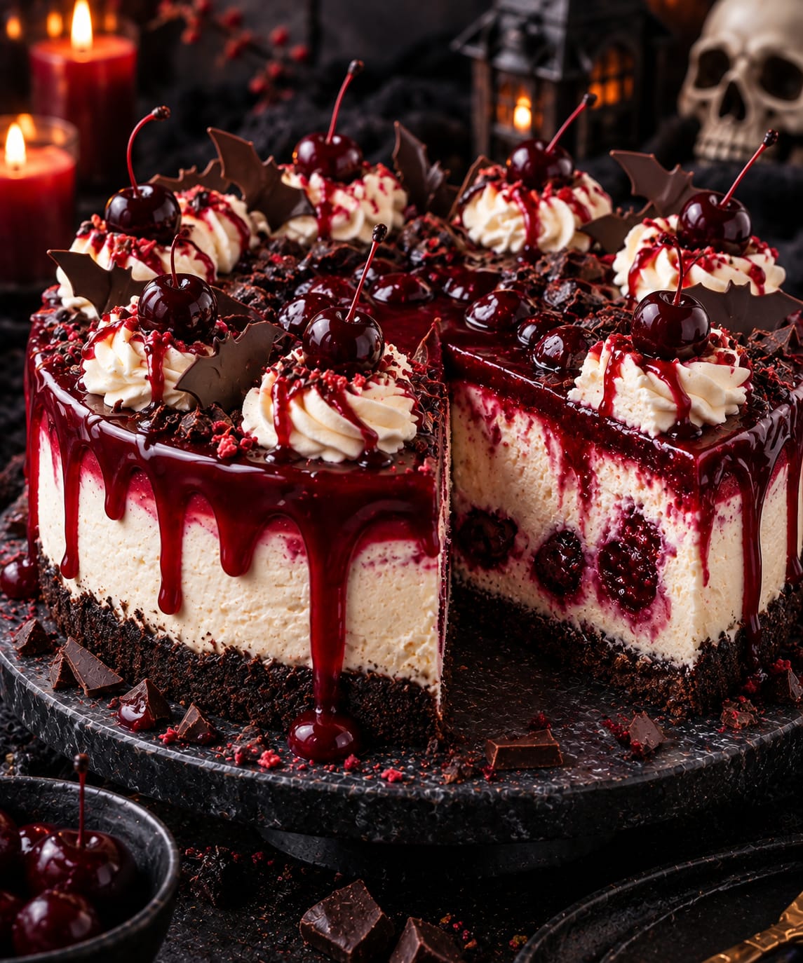 Hohe Vampir-Kirsch-Cheesecake-Torte mit dunklem Schoko-Brownie-Boden, ganzen Kirschen, rotem Kirschspiegel, Sahnerosetten und Schoko-Fledermäusen