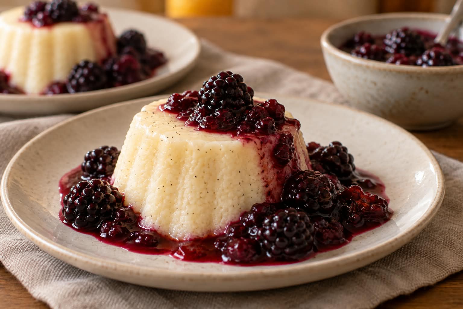 Gestürzte Vanille-Grießflammeri mit warmem Brombeerragout und ganzen Brombeeren