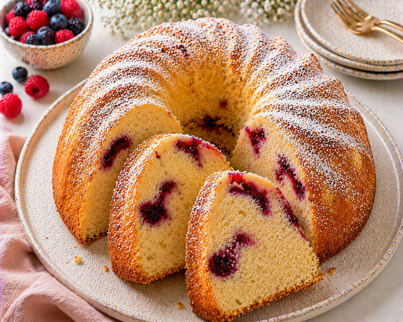 Vanille-Gugelhupf mit Himbeeren, geschwungenen Rillen, goldbrauner Oberfläche, heller, feiner Krume und Puderzucker