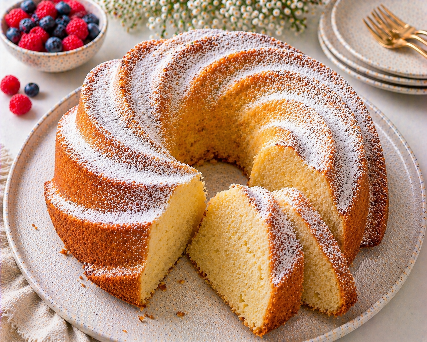 Saftiger Vanille-Gugelhupf mit tiefen, geschwungenen Spiralrillen, kräftig goldbrauner Oberfläche, heller, feiner Krume und Puderzucker