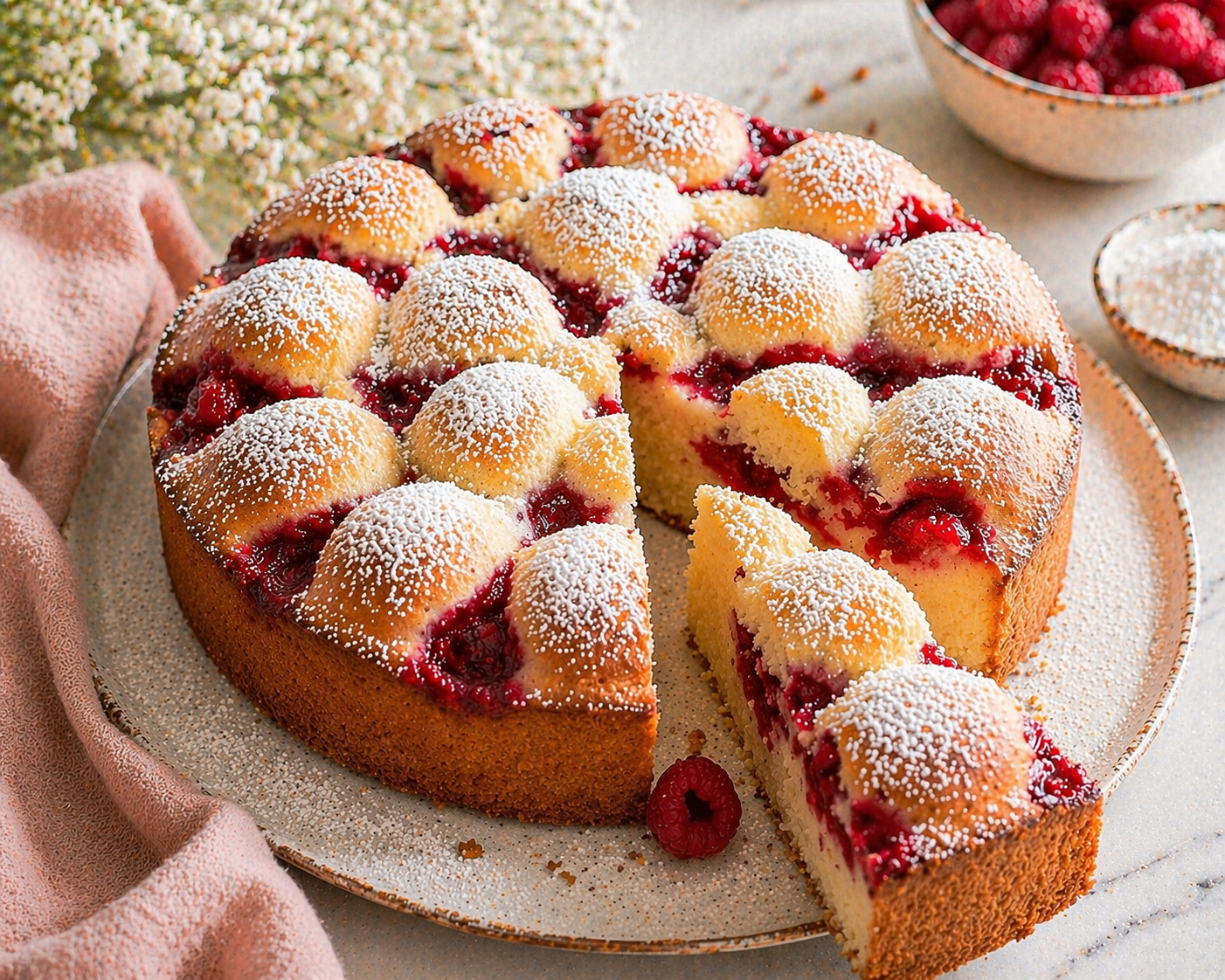 Vanille-Himbeer-Kissenkuchen mit goldbraunen Teigkissen, roten Himbeerbereichen und feinem Puderzucker