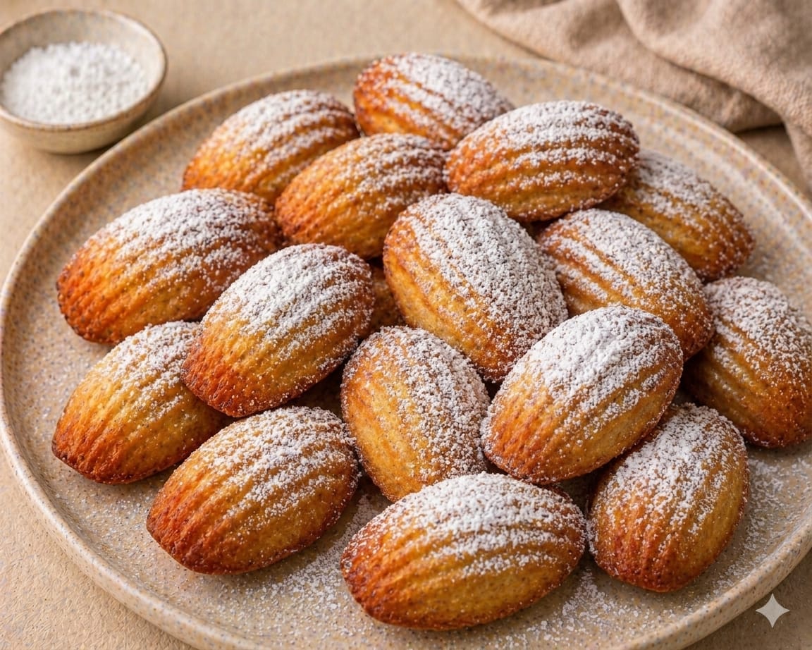 Goldbraune Vanille-Madeleines mit feiner Muschelstruktur und Puderzucker auf einem Teller