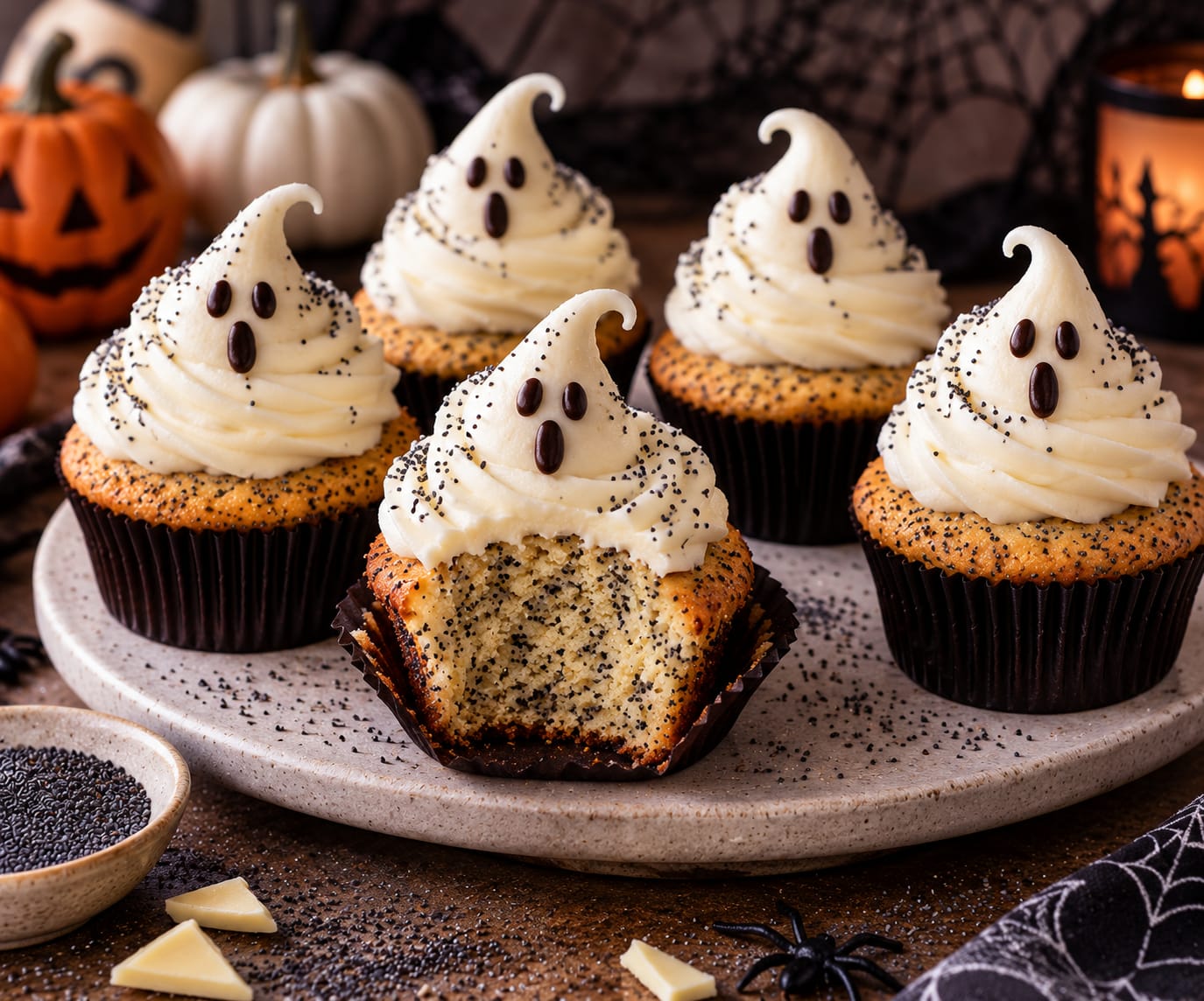 Vanille-Mohn-Geister-Cupcakes mit heller Mohnkrume, glatten Frosting-Spiralen, gebogenen Spitzen und dunklen Schokoladengesichtern