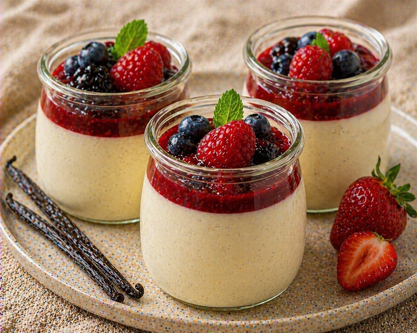 Vanille-Panna-Cotta im Glas mit rotem Beerenspiegel, Erdbeeren, Blaubeeren, Brombeeren und Minze