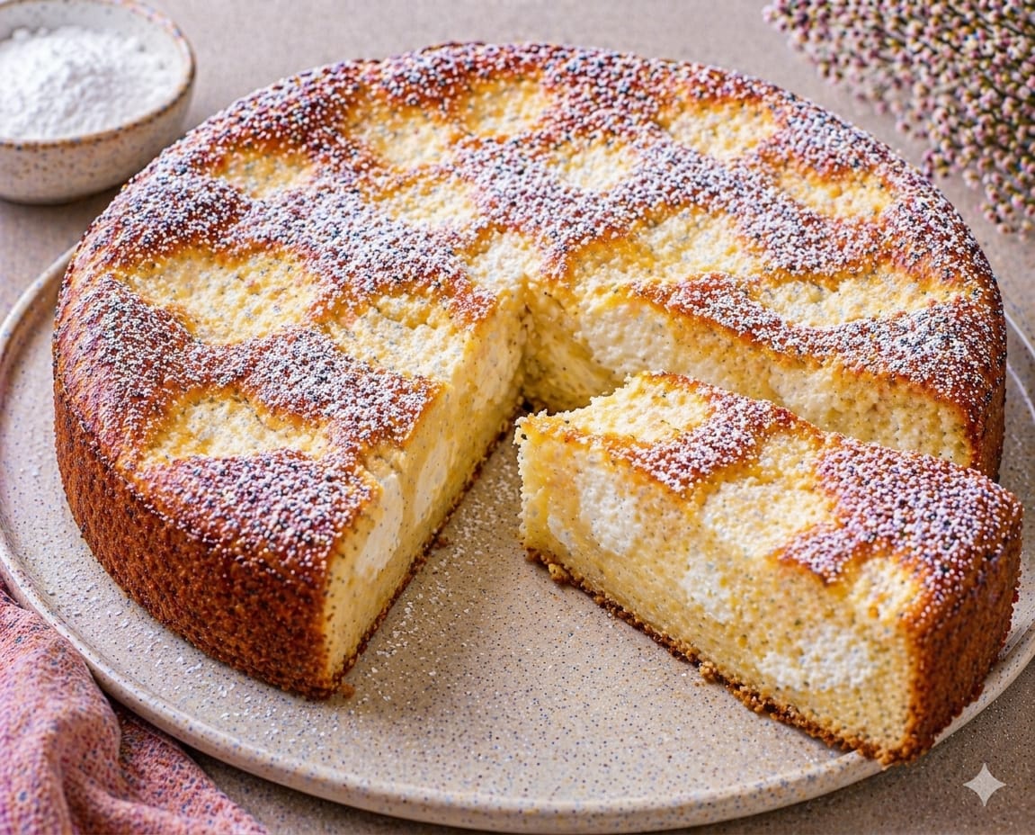 Hoher goldbrauner Vanille-Quarkkuchen mit großen hellen Quarkmulden und feinem Puderzucker