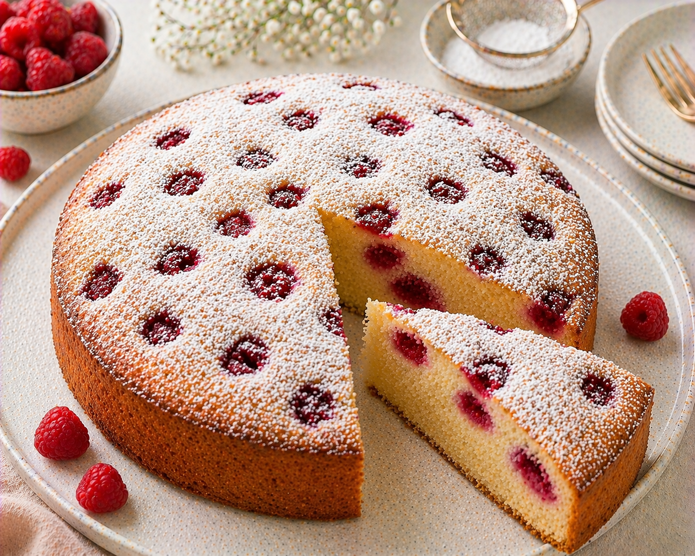 Saftiger Vanillekuchen mit Himbeeren in der hellen Krume und auf der goldbraunen, mit Puderzucker bestäubten Oberfläche