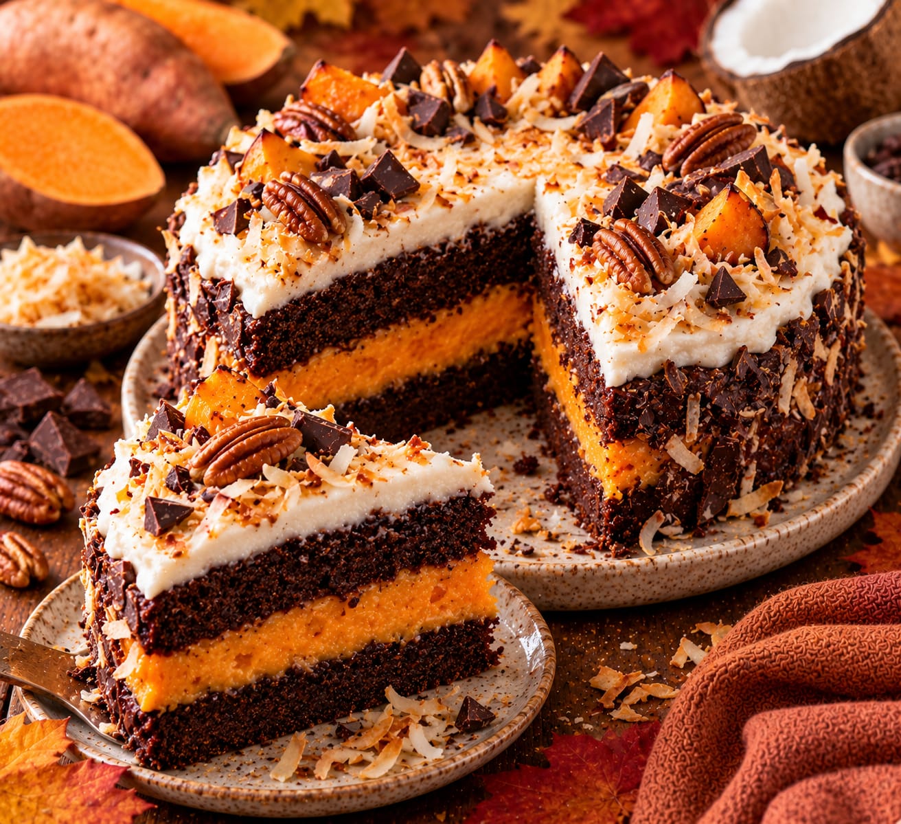 Angeschnittener veganer Süßkartoffel-Schoko-Kuchen mit zwei dunklen Schokoböden, dicker orangefarbener Süßkartoffelfüllung, heller Kokoscreme sowie Pekannüssen, Kokoschips, dunkler Schokolade und Süßkartoffelstücken.