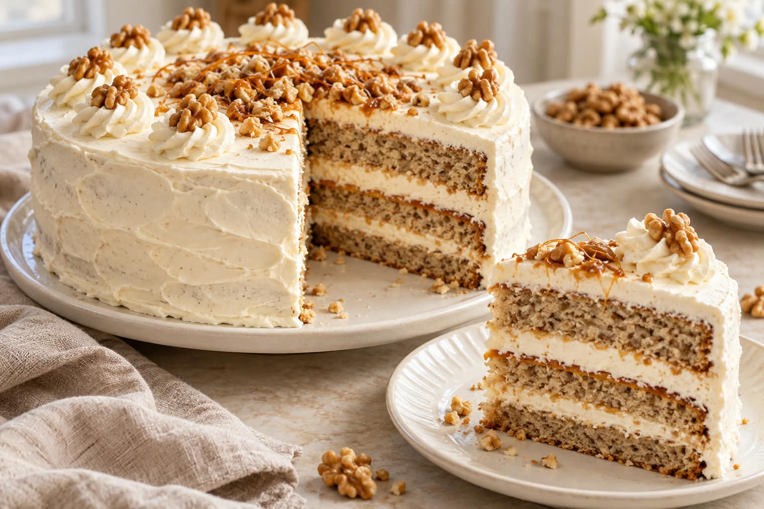 Hohe Walnuss-Toffee-Torte aus drei lockeren Walnussböden mit zwei Vanillesahne-Füllungen und feinen Karamelladern, außen locker mit Vanillesahne bestrichen und mit Walnussrosetten dekoriert; angeschnittenes Stück auf einem Teller