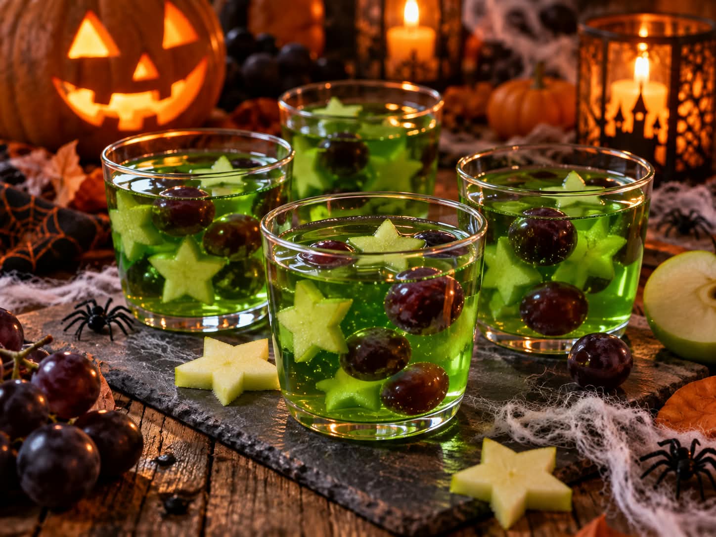 Vier klare Gläser mit leuchtend grüner Wackelpudding-Masse, dunklen Weintrauben und ausgestochenen Apfelsternen vor einer Halloween-Dekoration