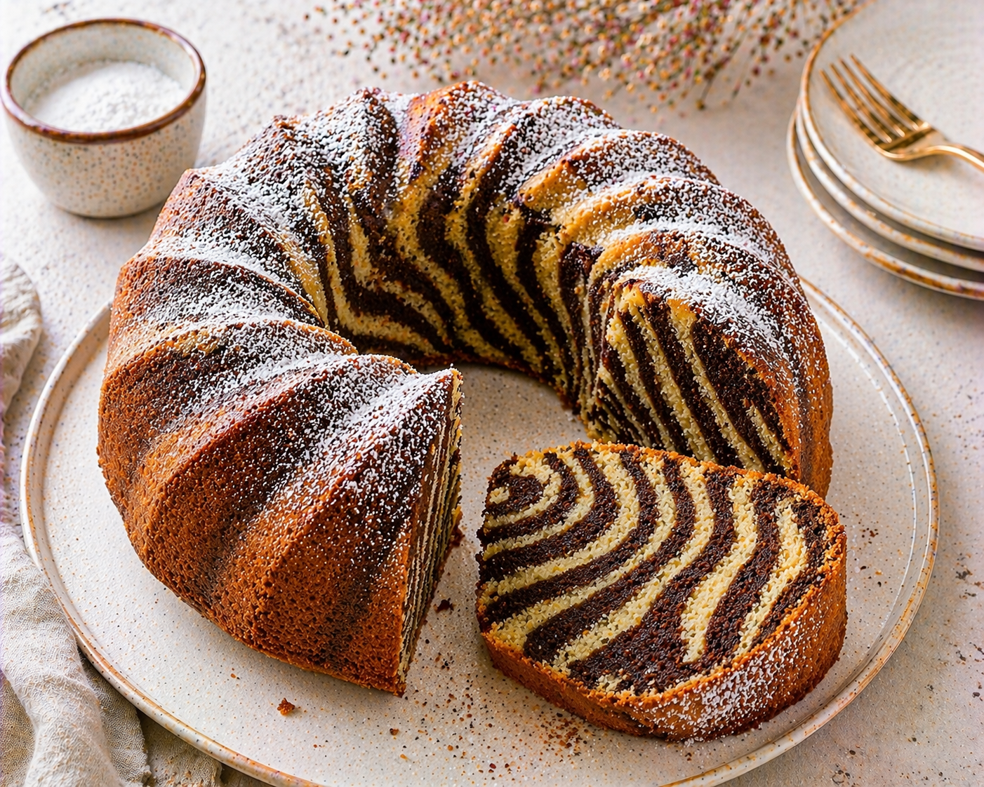Goldbrauner stark gerillter Zebra-Gugelhupf mit feinen hellen und dunklen Streifen und Puderzucker