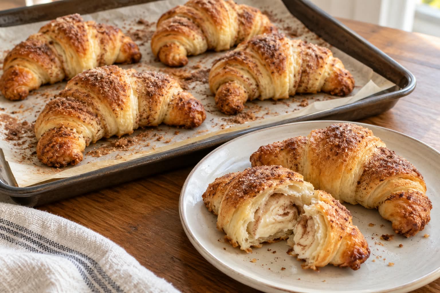 Goldbraun gebackene Zimt-Cheesecake-Croissants auf Blech und Teller mit sichtbarer cremiger Frischkäsefüllung und Zimt-Zucker-Oberfläche